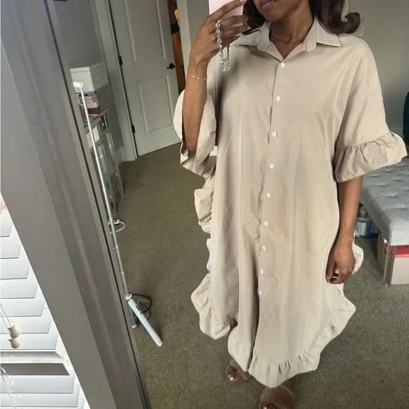 Women's Beige Ruffle Button-Down Dress - Picture 5 of 10